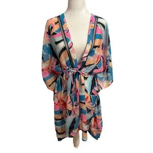 Miken XL Swim Cover up NWT colorful bright blue pink resort vacation tie waist